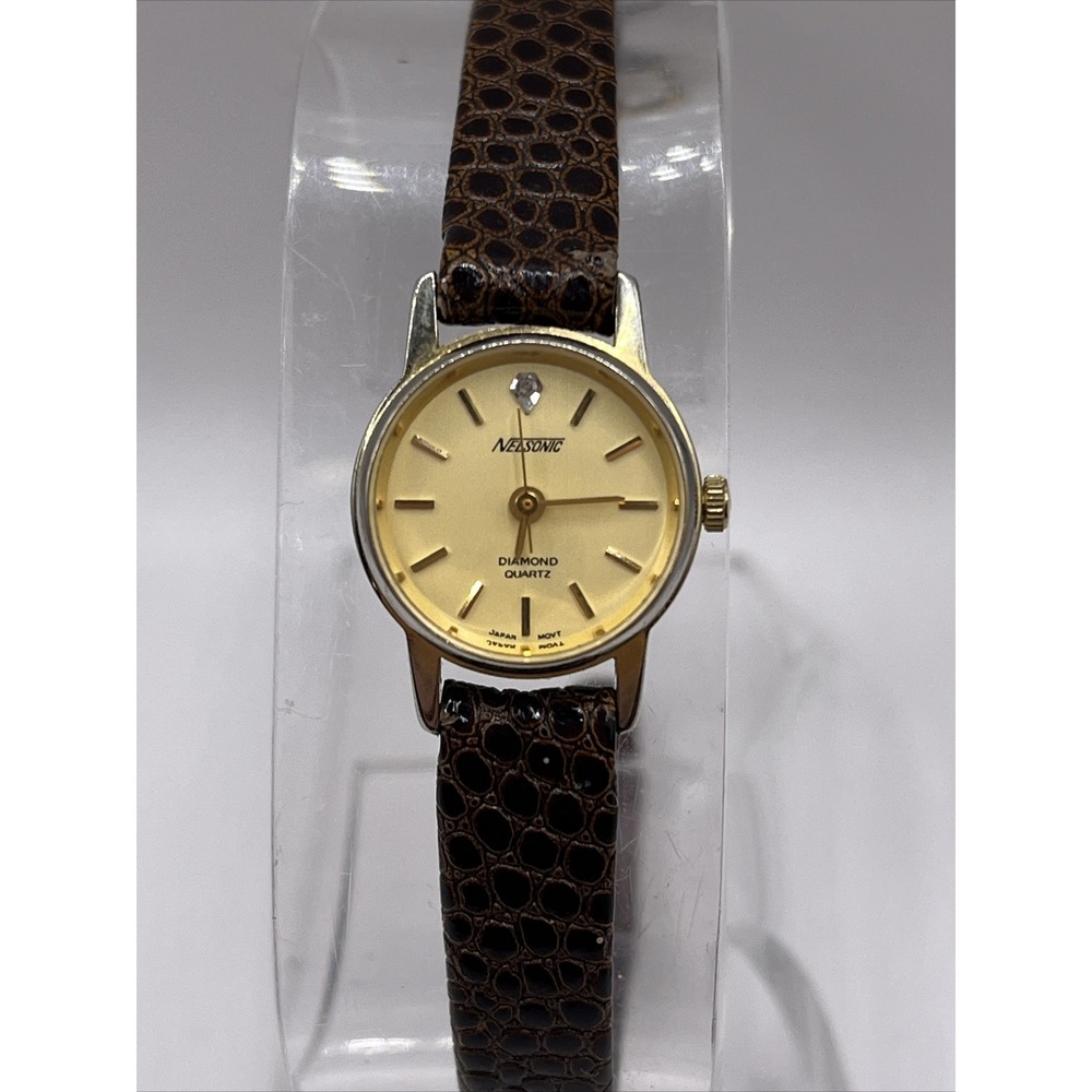 Vintage Nelsonic Women's Diamond Quartz Watch Brown Leather Band- New Battery‎
